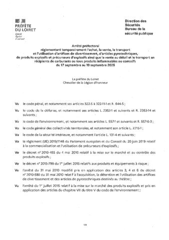 Arrêté préfectoral, règlementant, l'achat, la vente, le transport et l'utilisation d'artifices de divertissement